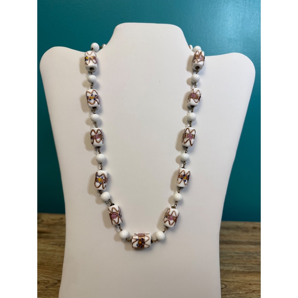 Vintage Venetian Wedding Cake Glass Bead Necklace White Pink Aventurine  Murano